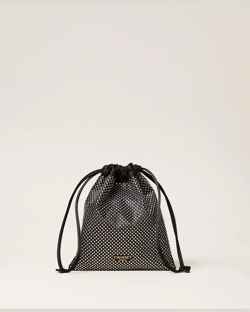 Twin-Set Pouch-Bag aus Satin mit Strass, Damen, Schwarz Schwarz