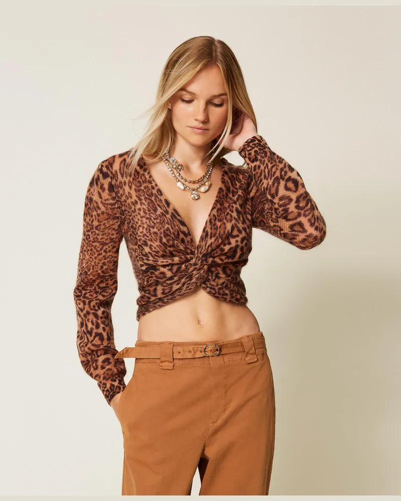 Twin-Set Pullover - Schulterwärmer aus Gestrick aus Mohairmischung mit Animaldessin, Animalprint Coffee / „Land"-Braun, Größe Animalprint
