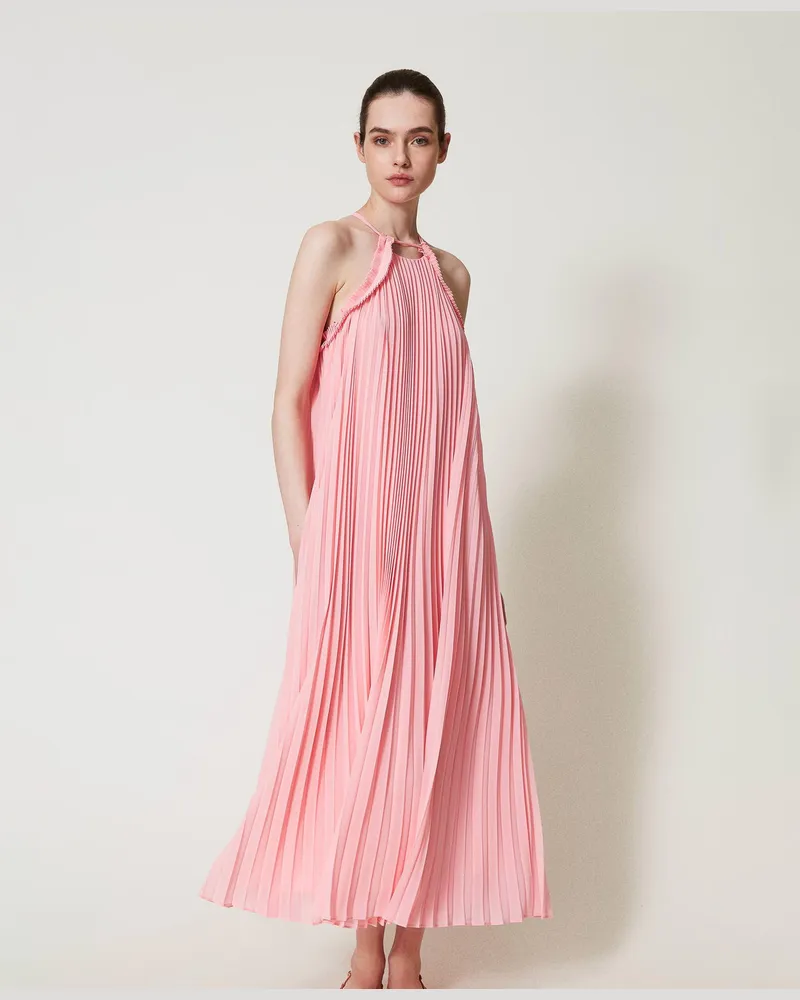 Twin-Set Kleider - Maxikleid aus plissiertem Georgette mit Gürtel, Peach, Plissee, Größe Peach