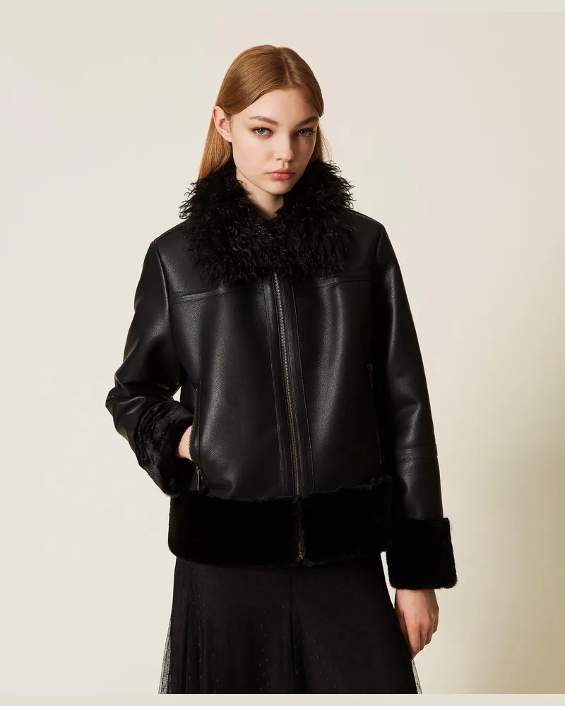 Twin-Set Jacken und Outerwear - Jacke aus Leder- und Pelzimitat, Schwarz, Lederoptik, Größe Schwarz