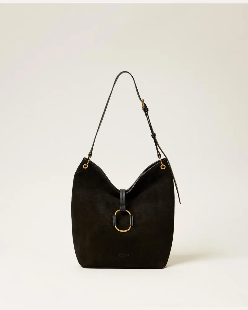 Twin-Set Hobo-Tasche aus Veloursleder, Damen, Schwarz Schwarz