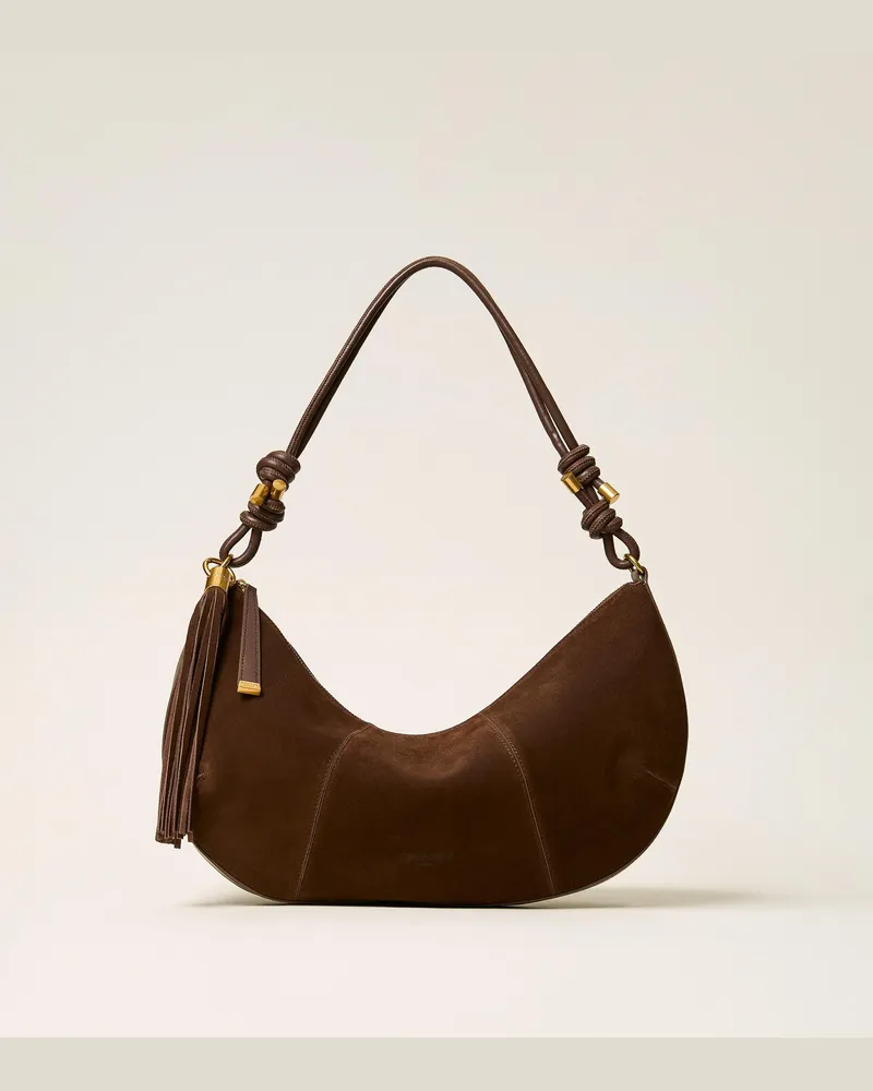 Twin-Set Hobo-Tasche aus Veloursleder mit Quaste, Damen, "Dark Coffee"-Braun Dark