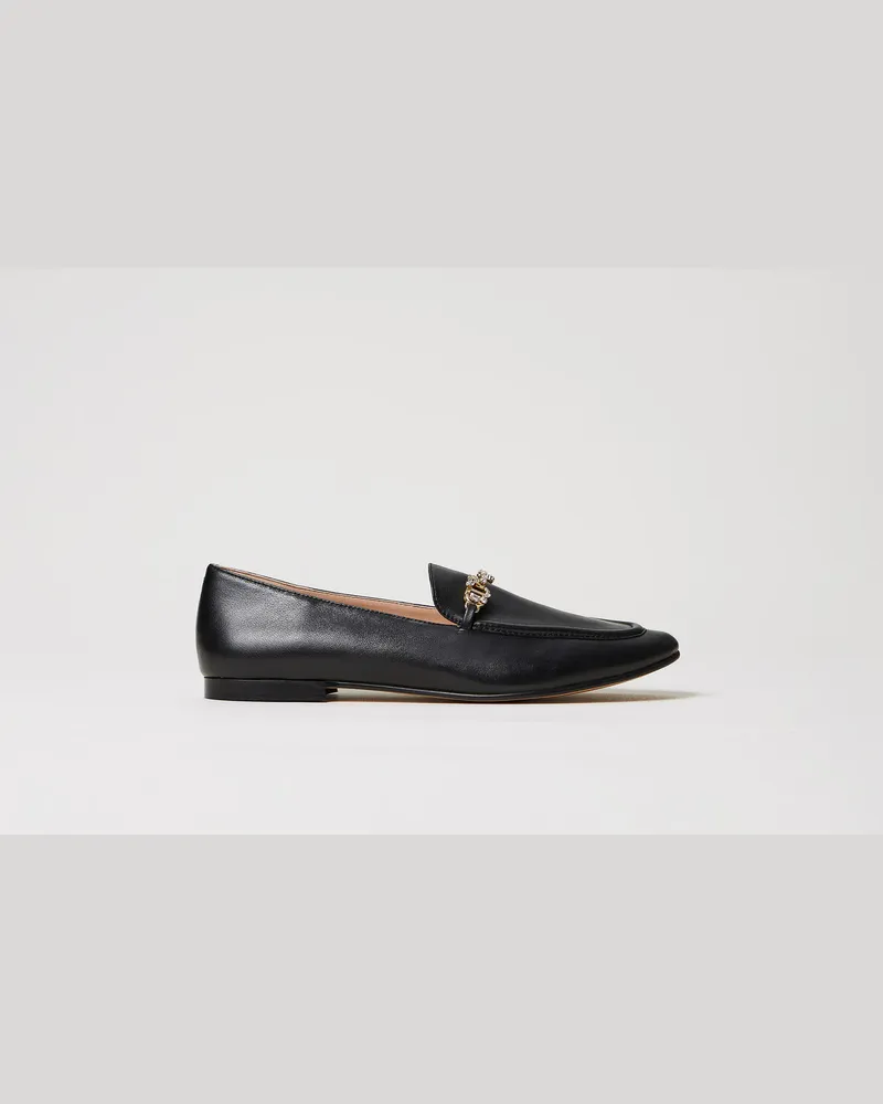 Twin-Set Schuhe - Ledermokassin mit strassbesetztem Oval T, Schwarz, Größe Schwarz