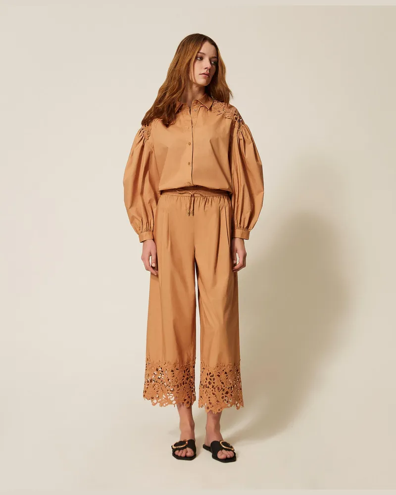 Twin-Set Bademode - Weite Hose aus Popeline mit Makramee, „Hazelnut"-Braun, Spitze, Größe „hazelnut“-braun