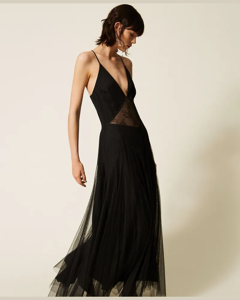 Twin-Set Langes Kleid aus Plumetis-Tüll und Spitze, Damen, Schwarz Schwarz