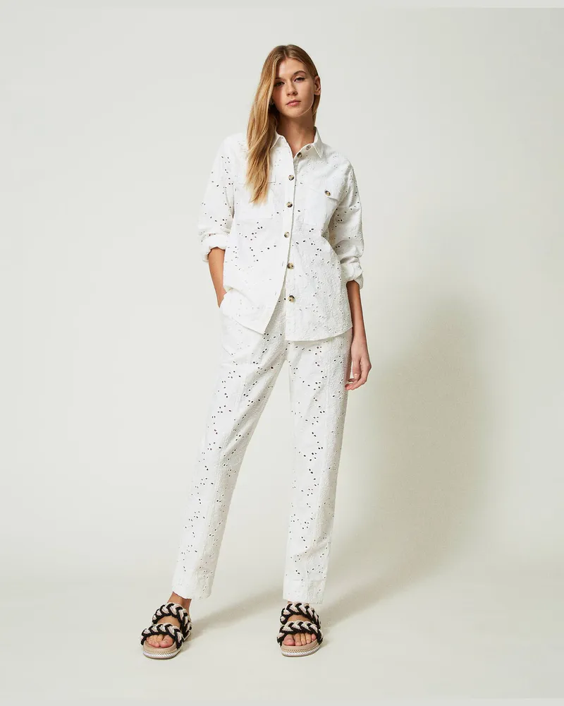 Twin-Set Hosen - Twillhose mit Lochstickereien, Mattweiß, Baumwolle, Größe Mattweiß