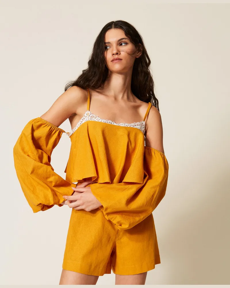 Twin-Set Kleider - Kurzer Jumpsuit aus Leinenmischung mit Spitze, „Amber"-Orange, Größe „amber“-orange