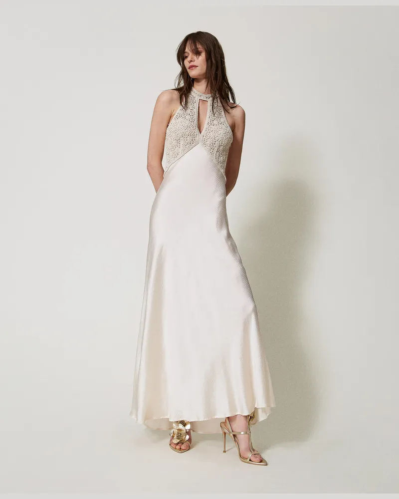 Twin-Set Kleider - Maxikleid aus Satin mit gehäkeltem Bustier, Weiß Schnee, Größe Weiß