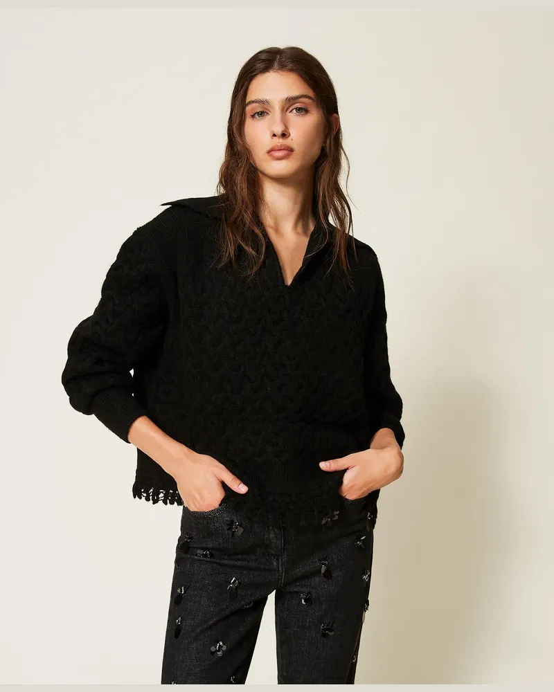 Twin-Set Pullover mit Zopfmuster und Häkeldetails, Damen, Schwarz Schwarz