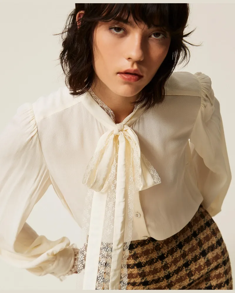 Twin-Set Hemdbluse aus Crêpe de Chine mit Schleife, Damen, Perlmutt Perlmutt