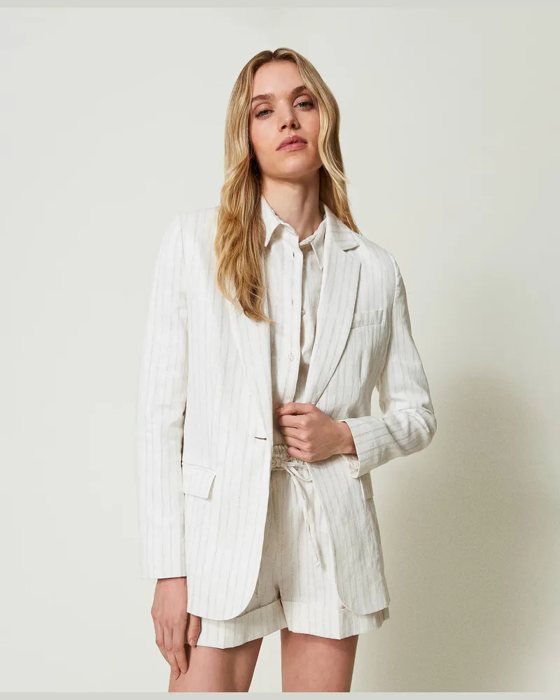 Twin-Set Jacken und Outerwear - Blazer aus Leinenmischung mit Lurexstreifen, Nadelstreifen Weiß Streifen Silber, Gestreift, Größe Nadelstreifen