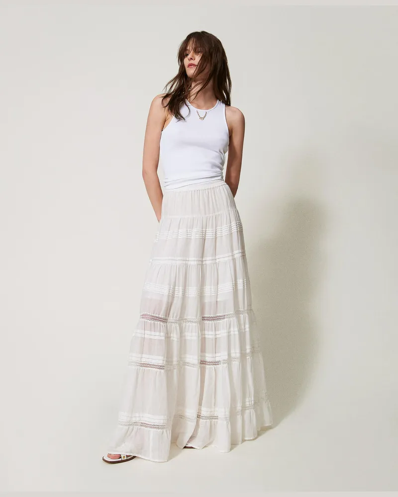 Twin-Set Bademode - Maxistufenrock aus Musselin, Sugar Weiß, Spitze, Größe: XL 