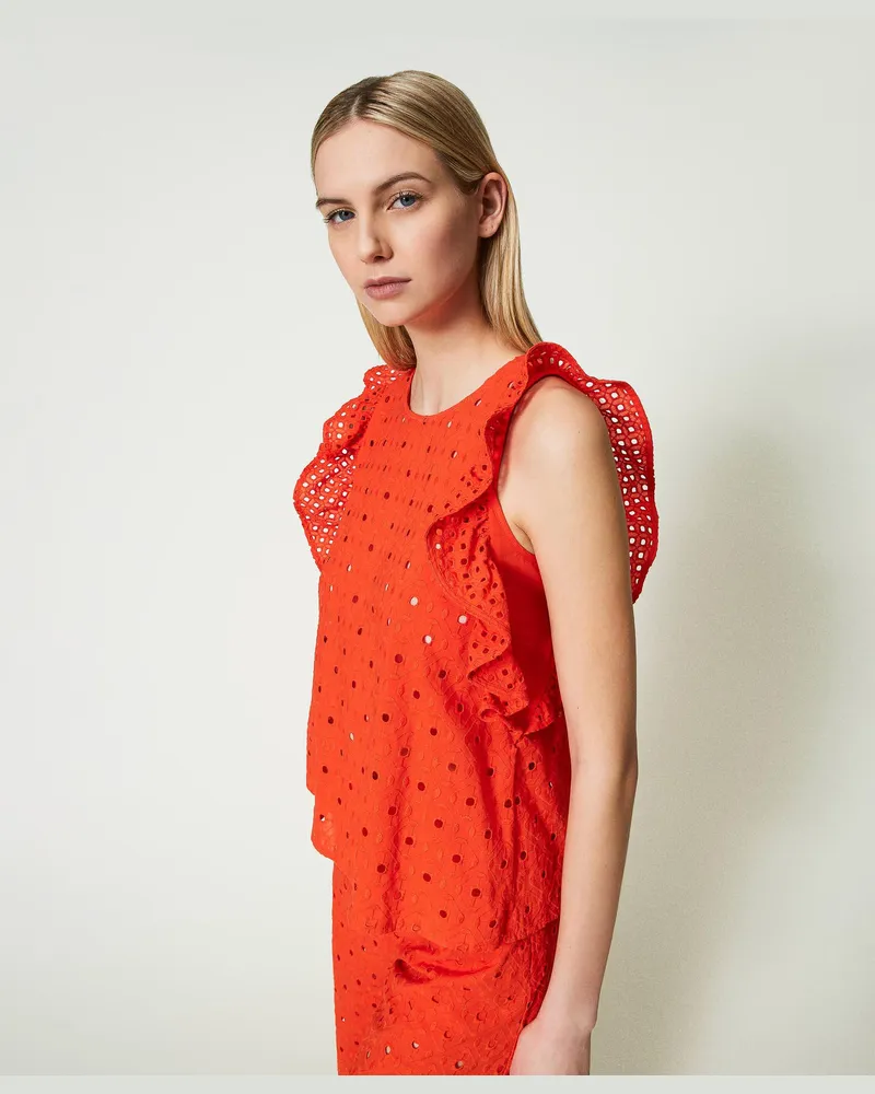 Actitude by Twinset Tops - Top mit Lochstickereien und Volants, „Scarlet Ibis"-Rot, Baumwolle, Größe: XL 