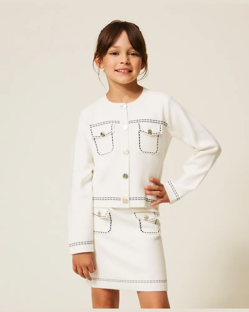 Twin-Set Strickjacke mit Nahtdetails, Damen, "Schneeweiß" / Schwarz Schneeweiß