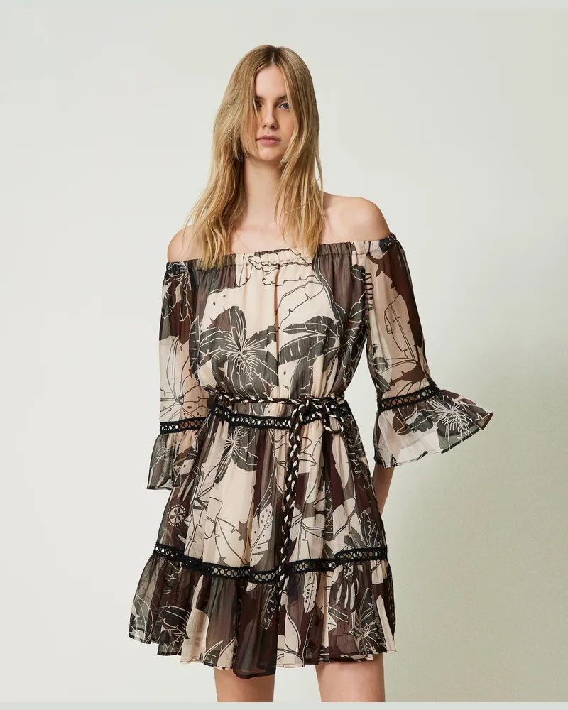 Twin-Set Bademode - Kurzes Kleid aus bedrucktem Krepon, Print Exotic „Bitter Chocolate"-Braun, Mit Blumen, Größe: XL 