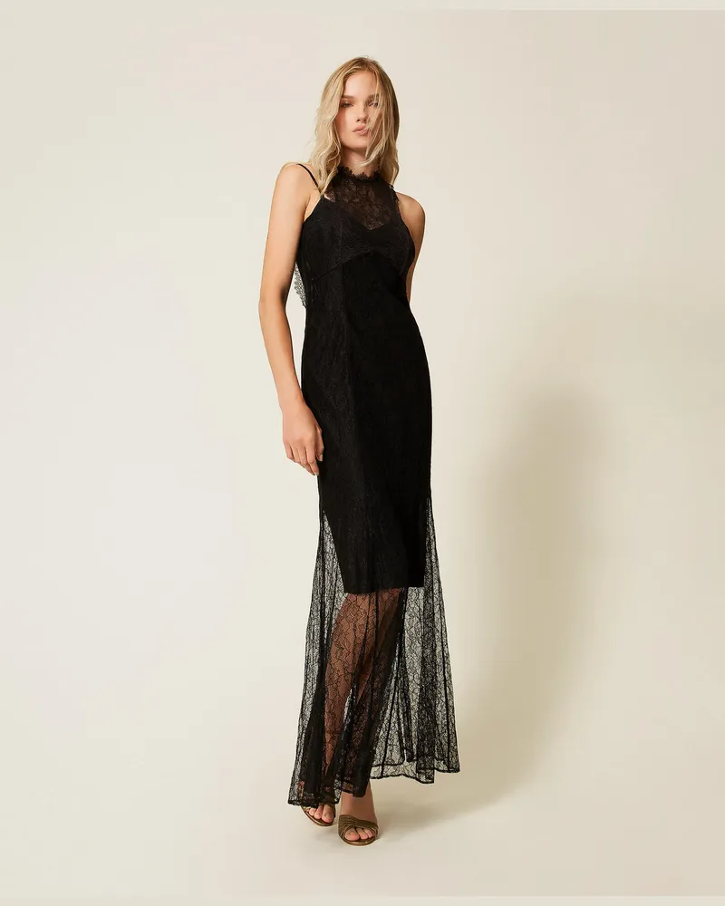 Twin-Set Kleider - Langes Neckholder-Kleid aus Spitze, Schwarz, Größe Schwarz