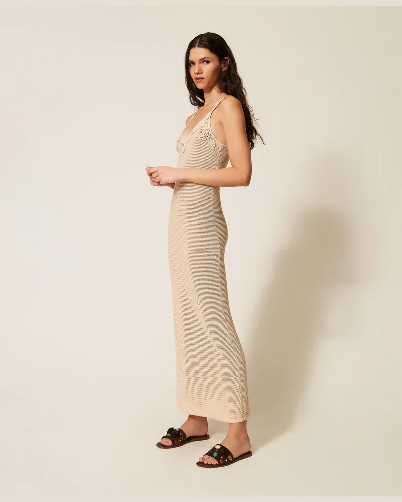 Actitude by Twinset Kleider - Langes Strickkleid im Netz-Dessin, „Cashew"-Beige, Baumwolle, Größe „cashew“-beige