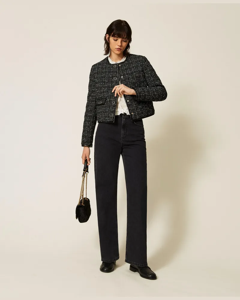 Twin-Set Wattierte Bouclé-Jacke, Damen, Bouclé Schwarz / Lilie Bouclé