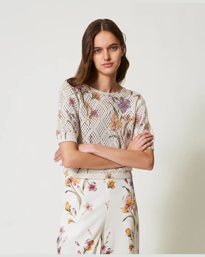 Twin-Set Netzpullover mit Blumenprint, Print Iris Multicolor / Perlmutt, Größe: XXL 