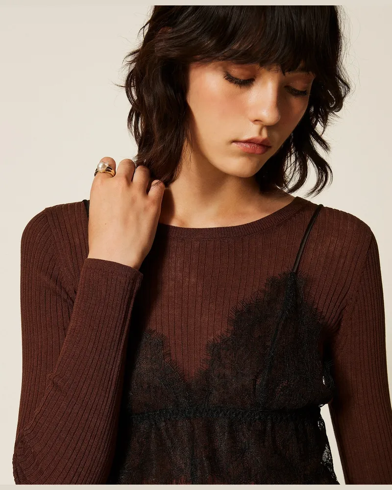 Twin-Set Pullover aus Seidengemisch mit Top, Damen, Zweifarbig "Dark Coffee"-Dunkelbraun / Schwarz Zweifarbig