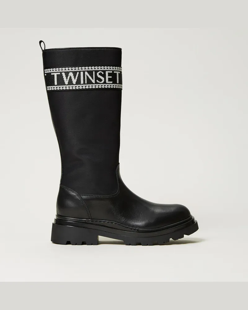 Twin-Set Schuhe - Lederstiefel mit Logo, Schwarz, Größe Schwarz