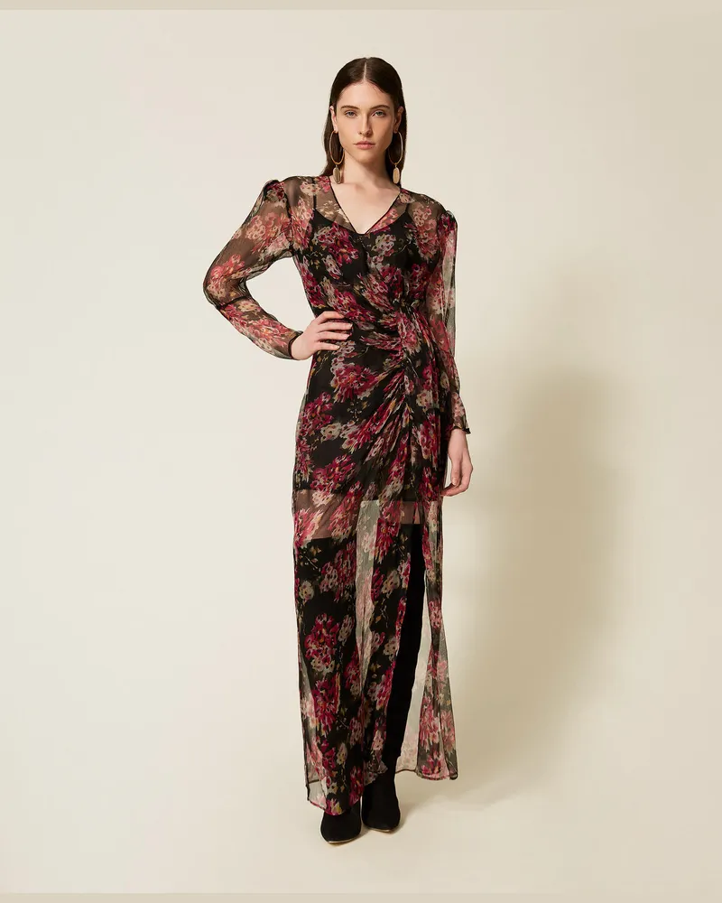 Twin-Set Kleider - Langes Kleid aus Seidenkrepon mit floralem Dessin, Blumenprint Schwarz / Magenta, Mit Blumen, Größe Blumenprint