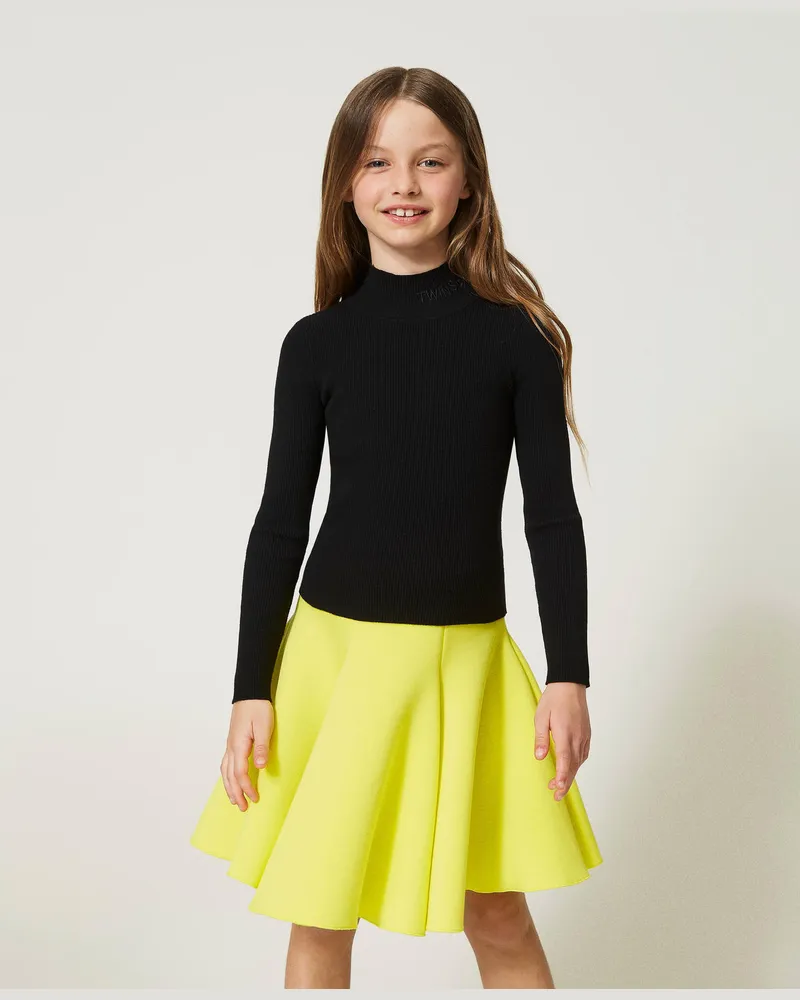 Twin-Set Gerippter Stehkragenpullover, Schwarz, Größe: 8A 