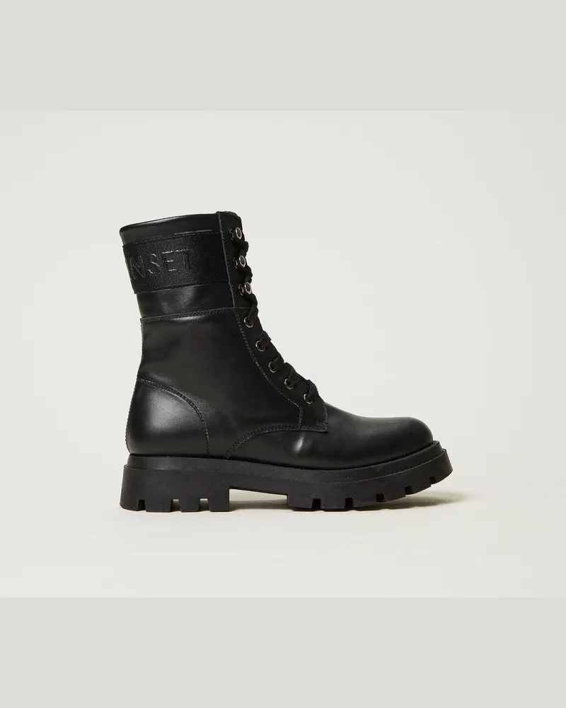 Twin-Set Schuhe - Schnürstiefelette aus Leder mit Logo, Schwarz, Größe Schwarz