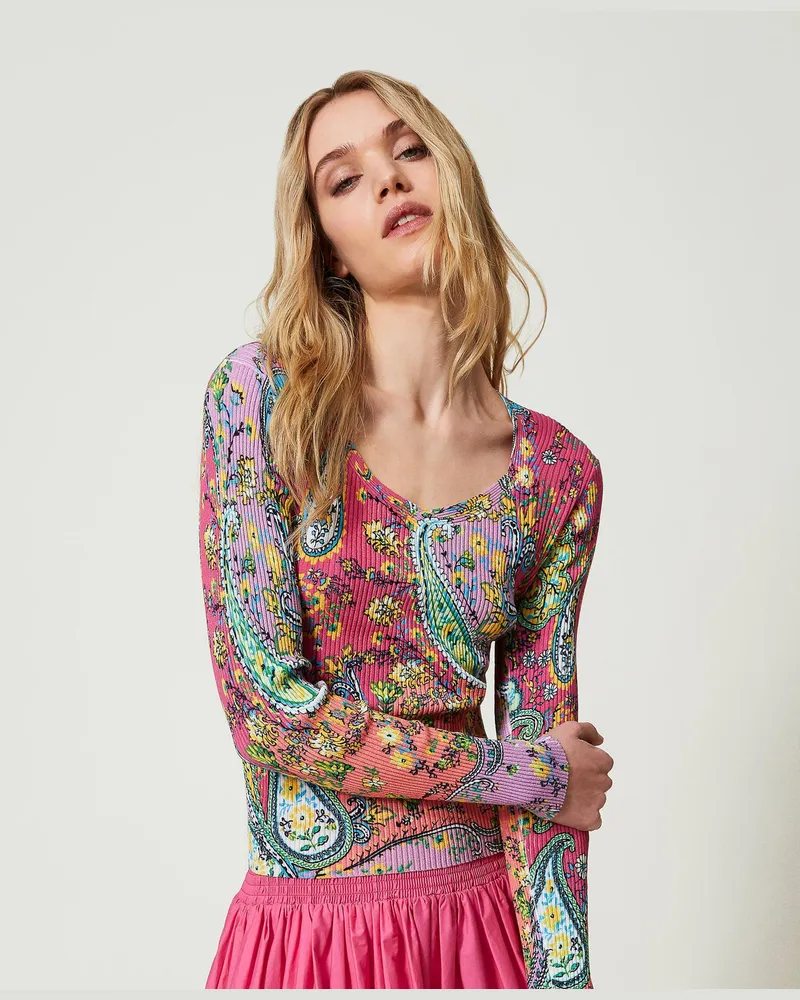 Twin-Set Bademode - Pullover mit Paisleyprint, Print Paisley Multicolor „Pink Dahlia"-Fuchsia, Baumwolle, Größe: S 