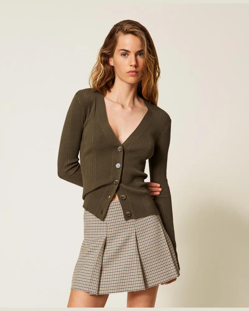 Twin-Set Cardigans - Anliegender Cardigan mit Rippenmuster, Green Olive, Größe Green