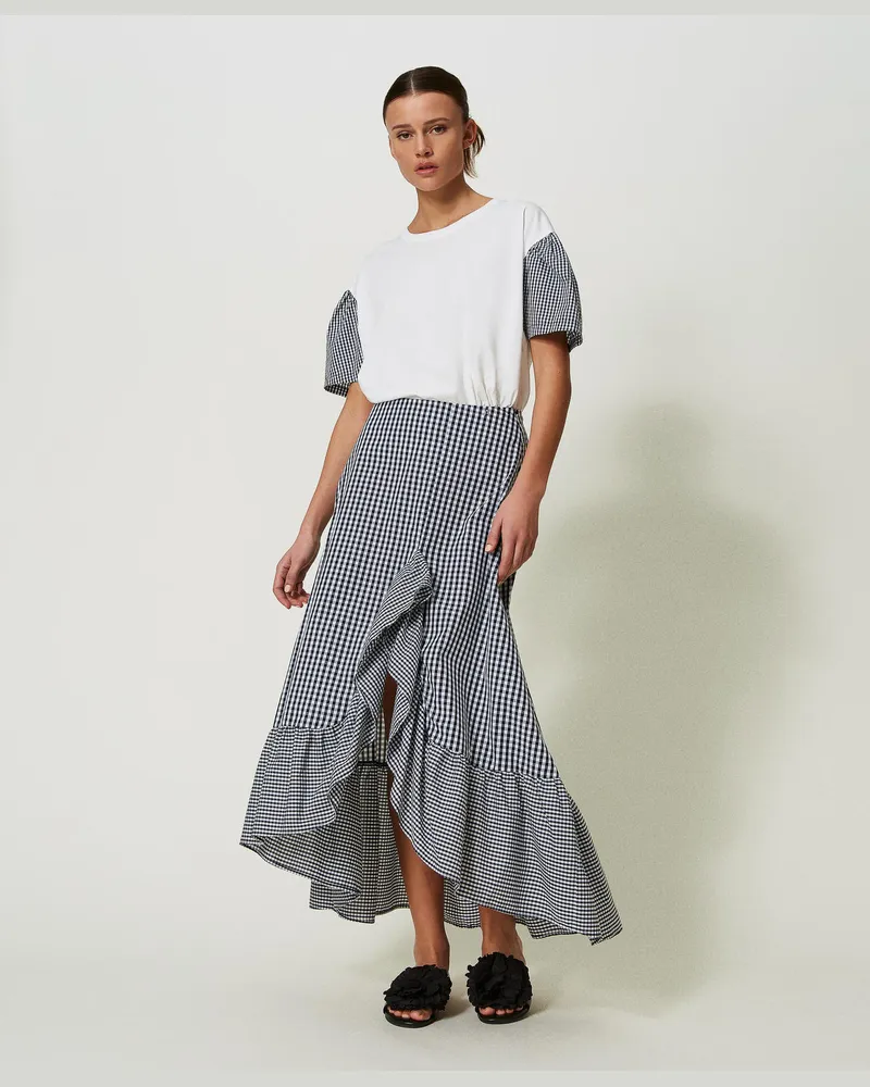 Actitude by Twinset Röcke - Vichy-Maxirock mit Volant, Zweifarbig Papyrusweiß / Schwarz, Kariert, Größe: S 