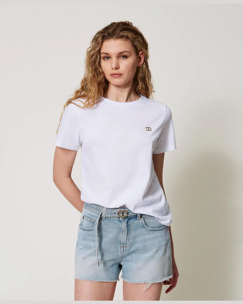Twin-Set T-Shirts - T-Shirt mit strassbesetztem „Oval T"-Logo, Weiß, Baumwolle, Größe: L 