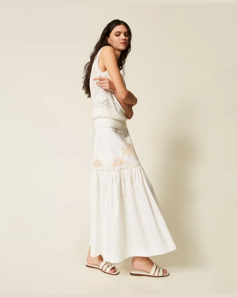 Actitude by Twinset Röcke - Langer Rock mit Rüsche und Stickerei, Mattweiß, Baumwolle, Größe Mattweiß