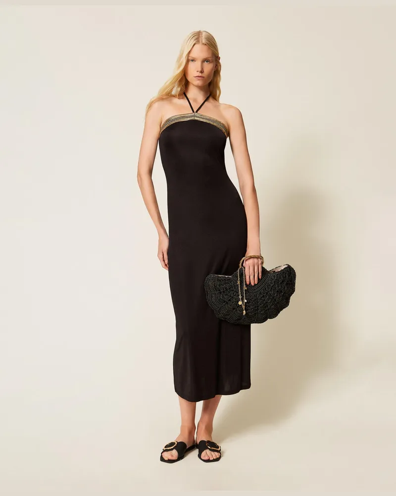 Twin-Set Bademode - Langes Kleid mit aufgestickten Pailletten, Schwarz, Jersey, Größe Schwarz