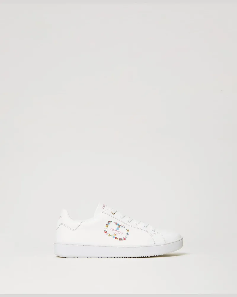 Twin-Set Schuhe - Ledersneaker mit floralem Oval T, Weiß, Größe Weiß