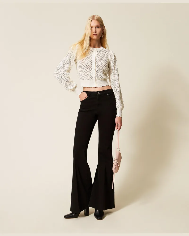 Twin-Set Flared-Hose aus Bull-Denim, Damen, Schwarz Schwarz