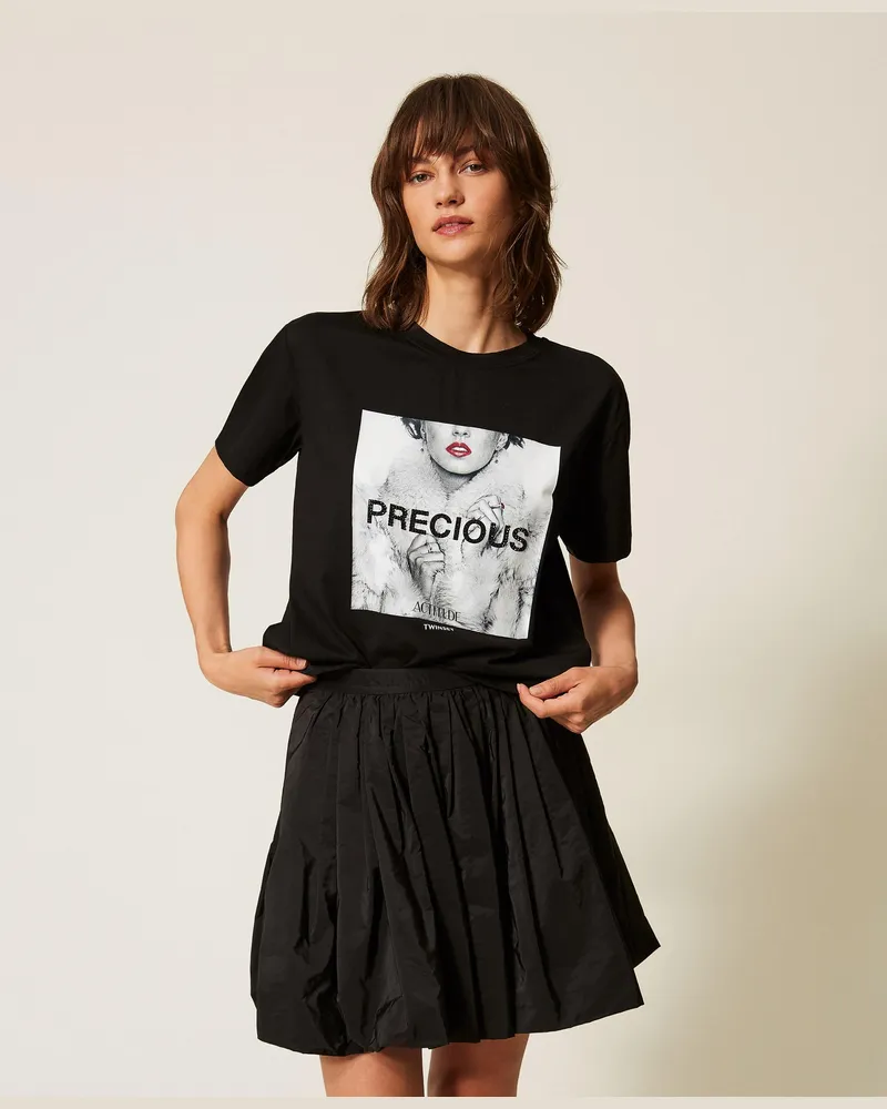 Twin-Set T-Shirt mit Print und Strass, Damen, Schwarz Schwarz