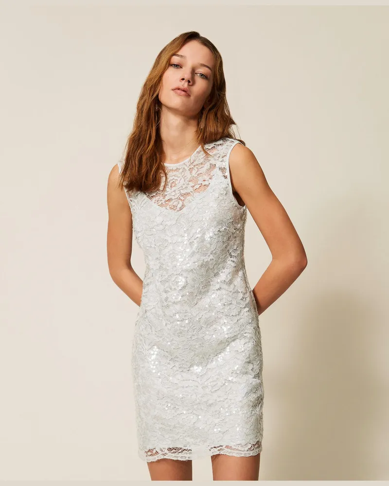 Twin-Set Kleider - Kurzes Kleid aus Spitze mit Pailletten, "Aqua"-Hellblau, Paillettes, Größe Aqua-hellblau