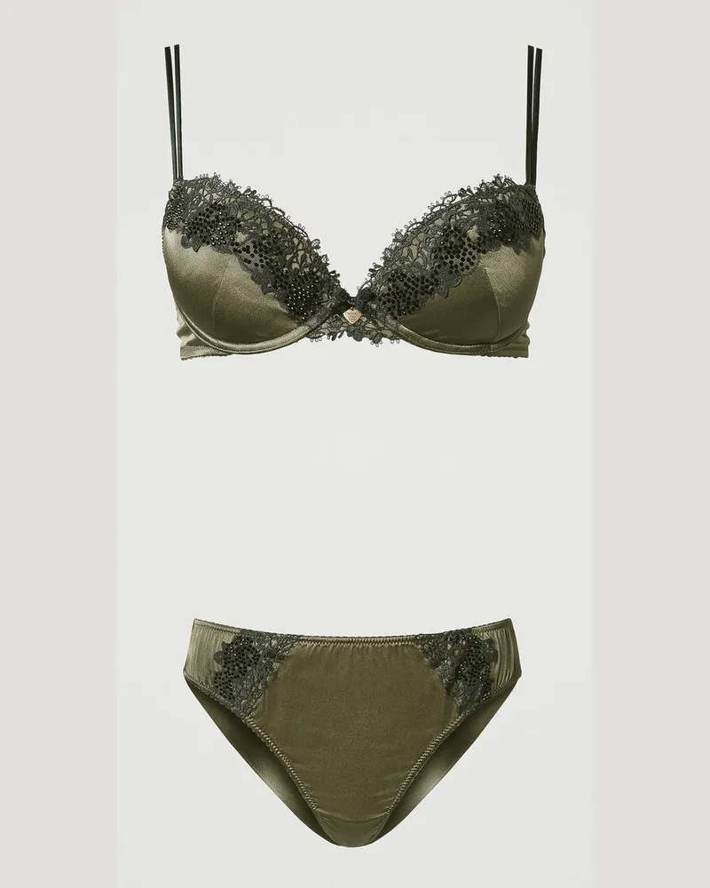Twin-Set Unterwäsche - Push-up-BH und Brazilian-Slip aus Seide, Zweifarbig Moosgrün / Blackout, Größe: 2-B 