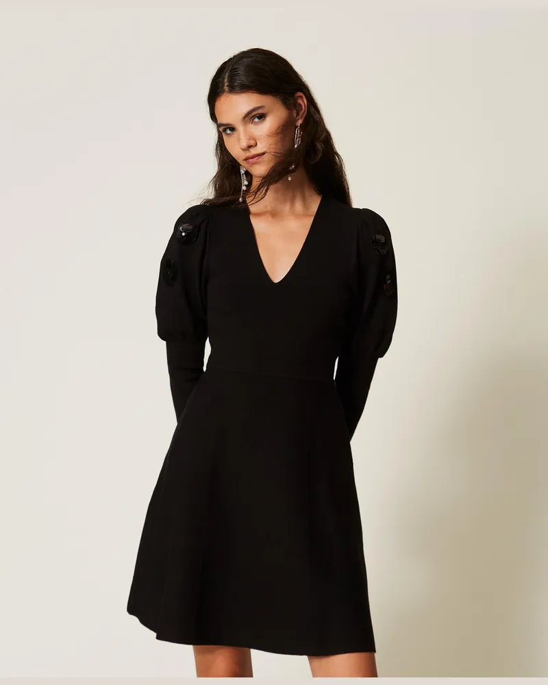 Twin-Set Kurzes Strickkleid mit aufgestickten Pailletten, Damen, Schwarz Schwarz