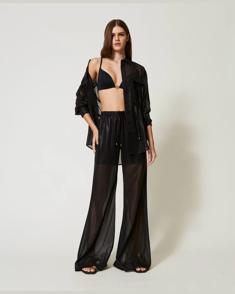 Twin-Set Bademode - Hose aus Metallic-Georgette, Schwarz, Größe: M 