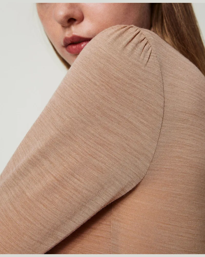 Actitude by Twinset T-Shirts - Slim-Fit-Shirt mit Rollkragen, „Beaver"-Braun, Jersey, Größe: M 