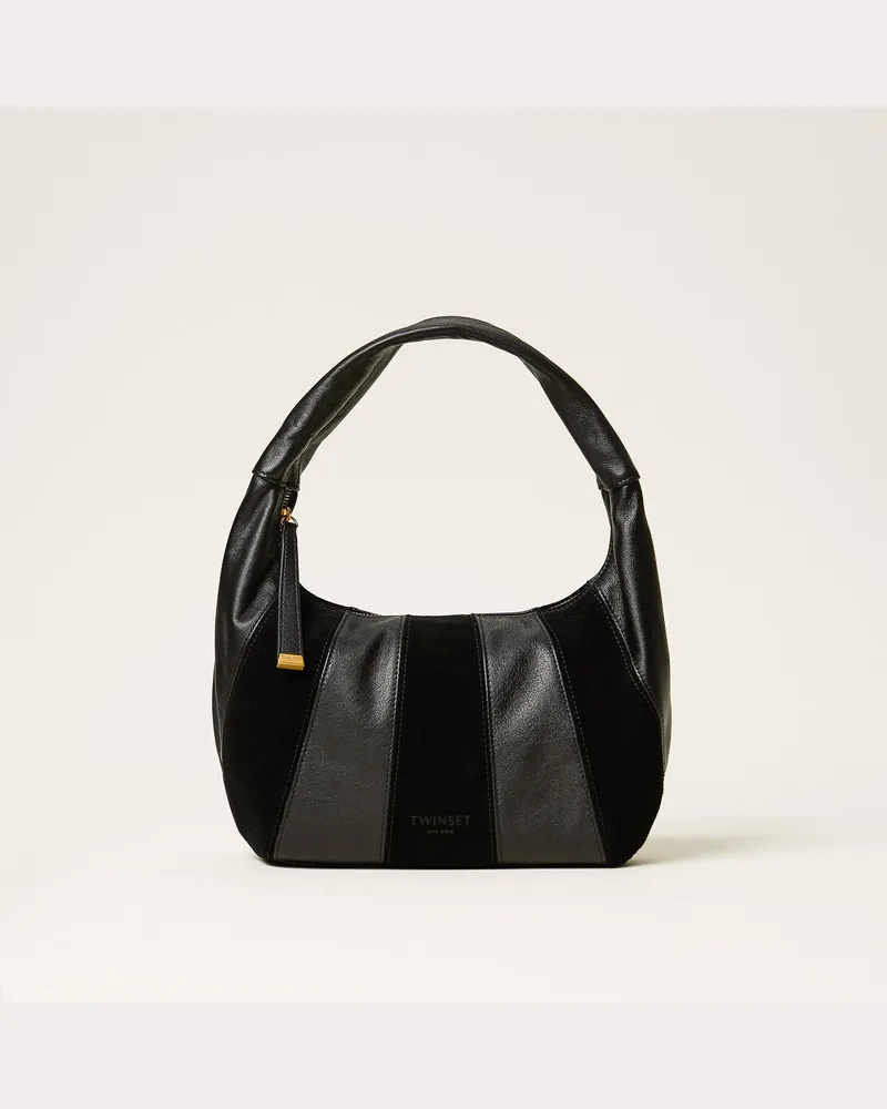 Twin-Set Hobo-Tasche aus Veloursleder und Leder Schwarz