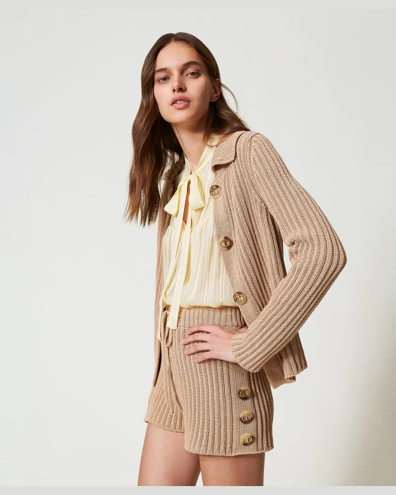 Twin-Set Hosen - Gerippte Strickshorts mit Knöpfen, "Rope"-Beige, dunkel, Baumwolle, Größe Rope-beige