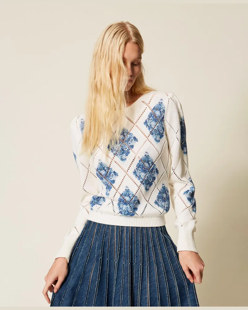 Twin-Set Pullover mit Rauten und floralem Print, Floraler Rauten-Print Topas-Hellblau, Mit Blumen, Größe Floraler