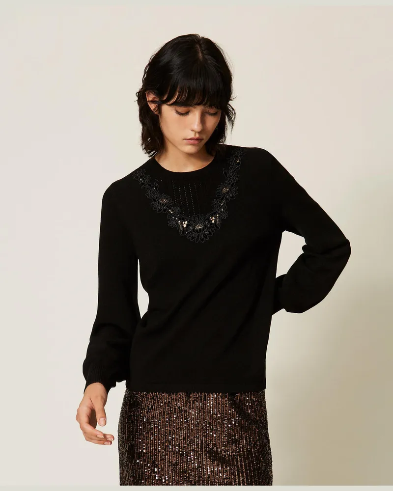 Twin-Set Pullover mit Makrameespitze Schwarz