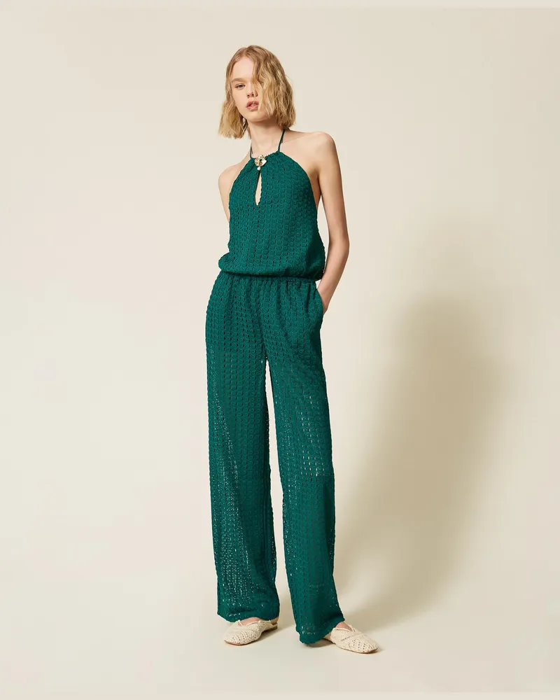 Twin-Set Kleider - Langer Jumpsuit im Häkeldessin mit Rüsche, „Light Emerald"-Grün, Jersey, Größe „light