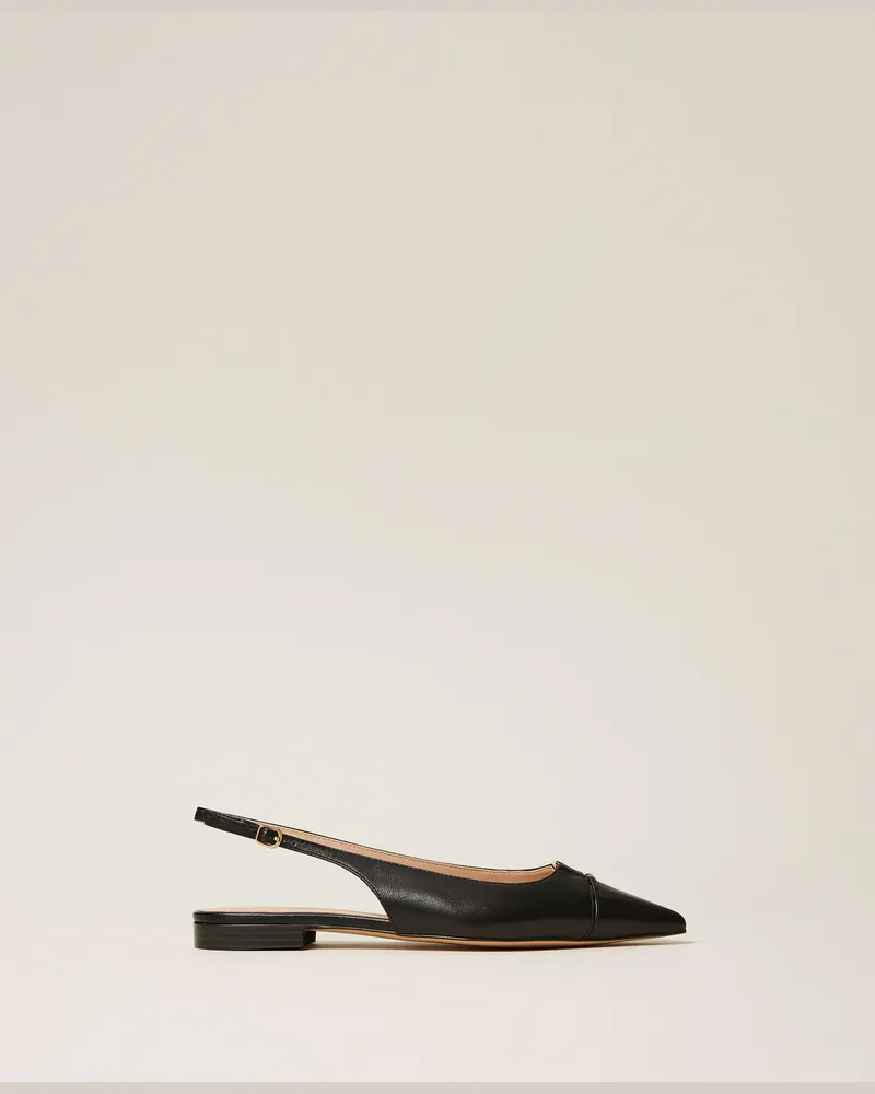 Twin-Set Slingback-Ballerina aus Leder, Damen, Schwarz Schwarz