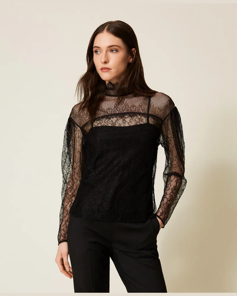 Twin-Set Blusen - Spitzenbluse mit Volant, Schwarz, Größe Schwarz