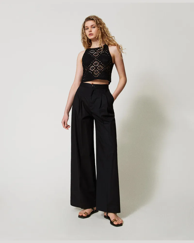 Twin-Set Hosen - Wide-Leg-Hose aus Popeline, Schwarz, Baumwolle, Größe Schwarz